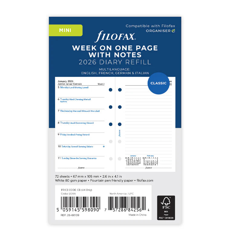 Week On One Page Diary with Notes - Mini 2026 | Multilanguage