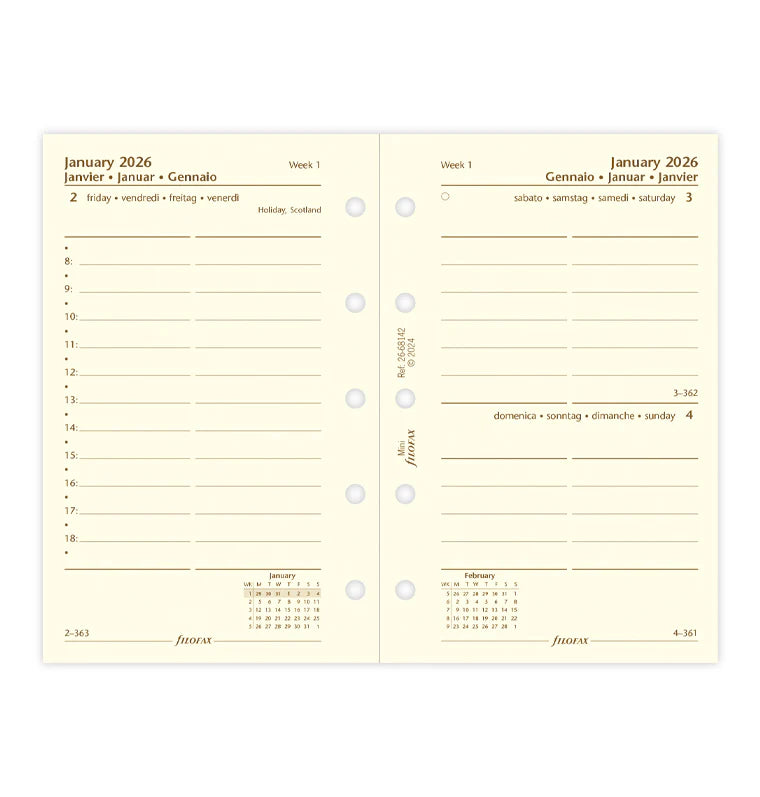 One Day On A Page Diary With Appointments - Mini Cotton Cream 2026 | Multilanguage