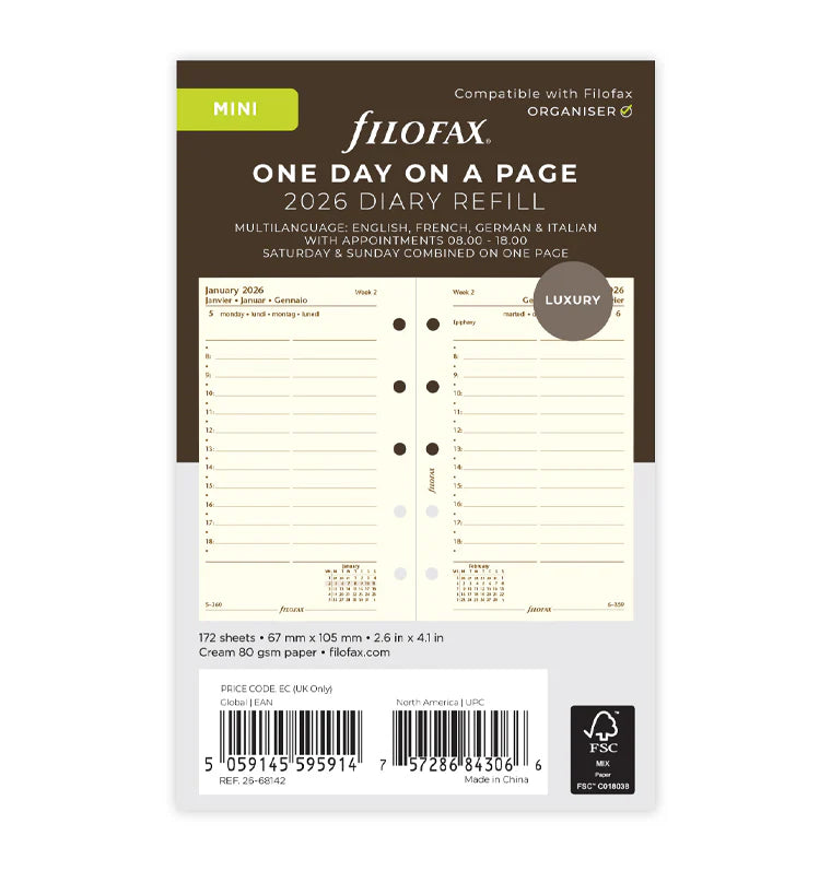 One Day On A Page Diary With Appointments - Mini Cotton Cream 2026 | Multilanguage