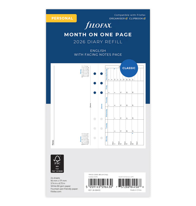 Month on One Page 2026 Diary Refill | Personal Size