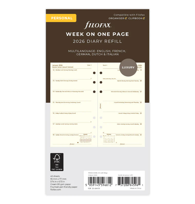 Week On One Page Diary - Personal Cotton Cream 2026 | Multilanguage