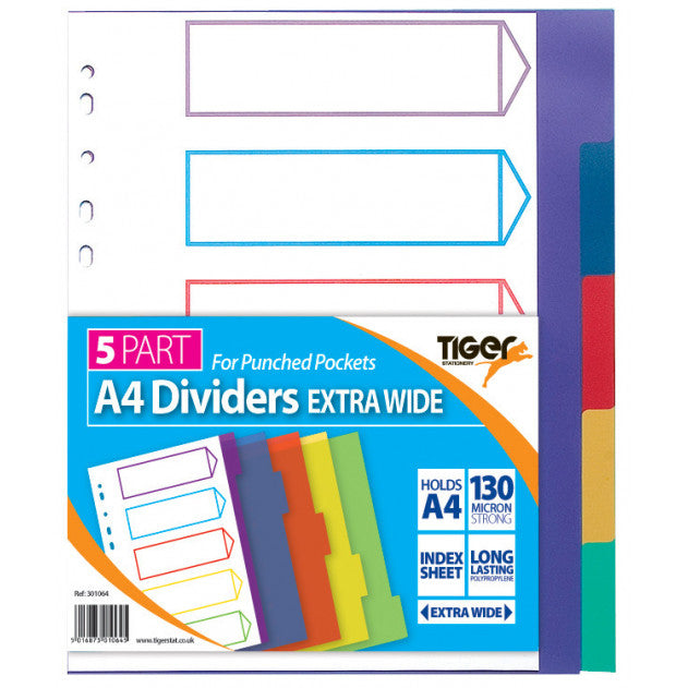Tiger A4 Extra Wide 5-Part Polypropylene Dividers
