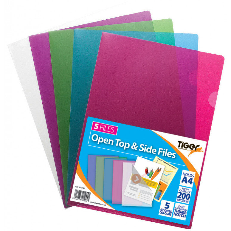 Tiger A4 Open Top & Side Punched Pockets – Assorted Colours