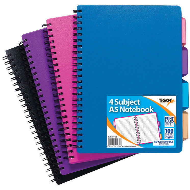 Tiger A5 Twin-Wire Subject Notebook – 4 Subjects, Assorted Colours