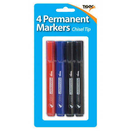 Tiger Chisel Tip Permanent Markers – Pack of 4 Assorted