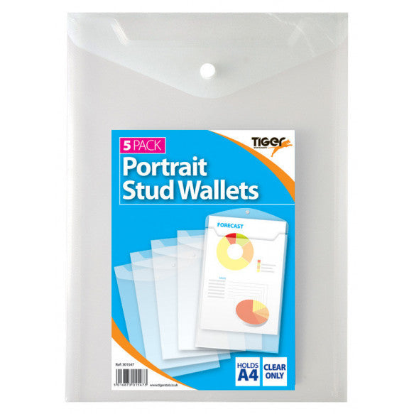 Tiger A4 Portrait Clear Stud Wallets – Pack of 5