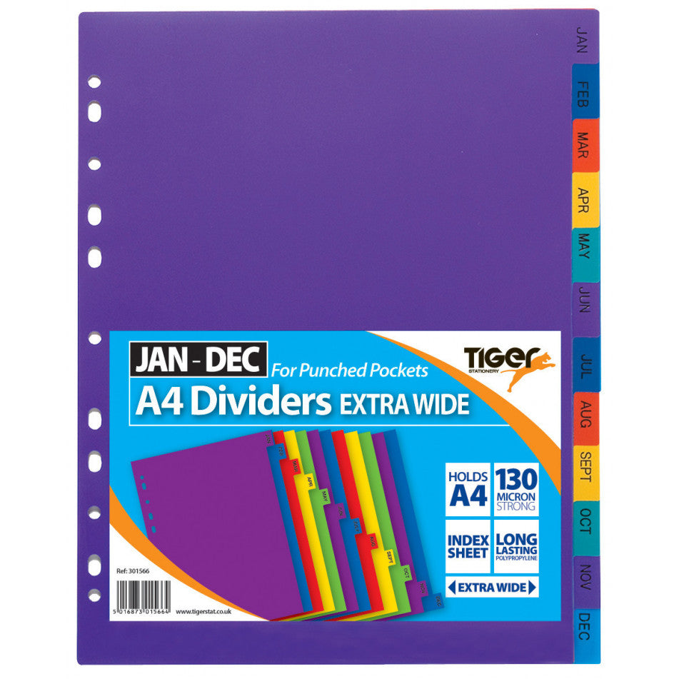 Tiger A4 Extra Wide January–December Polypropylene Dividers
