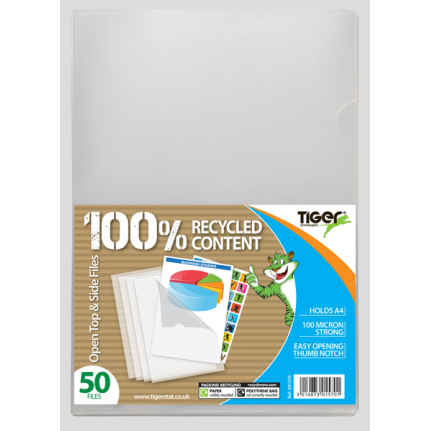 Tiger A4 Clear Punched Pockets – Pack of 50, Open Top and Side