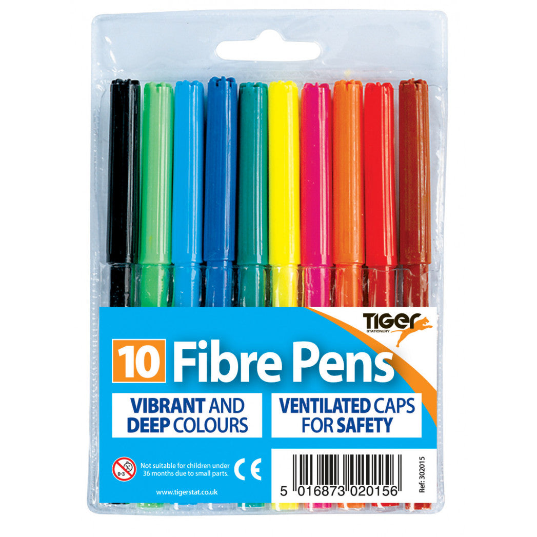 Tiger Fibre Tip Pens – Wallet of 10, Assorted Colours