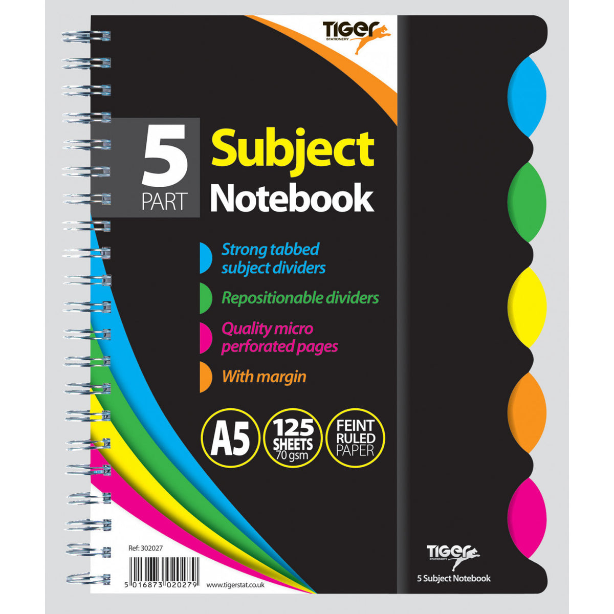 Tiger A5 5 Subject Twin-Wire Notebook – 125 Sheets, Feint Ruled