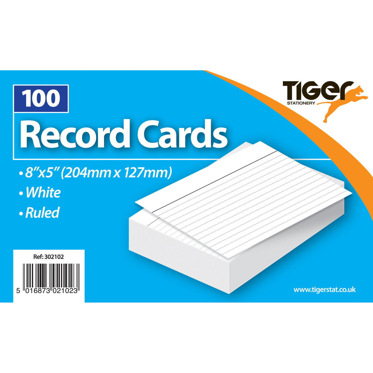 Tiger Record Cards 8 x 5 inch – White Ruled, 100 Cards