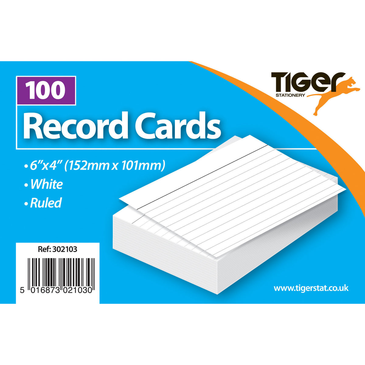 Tiger Record Cards 6 x 4 inch – White Ruled, 100 Cards