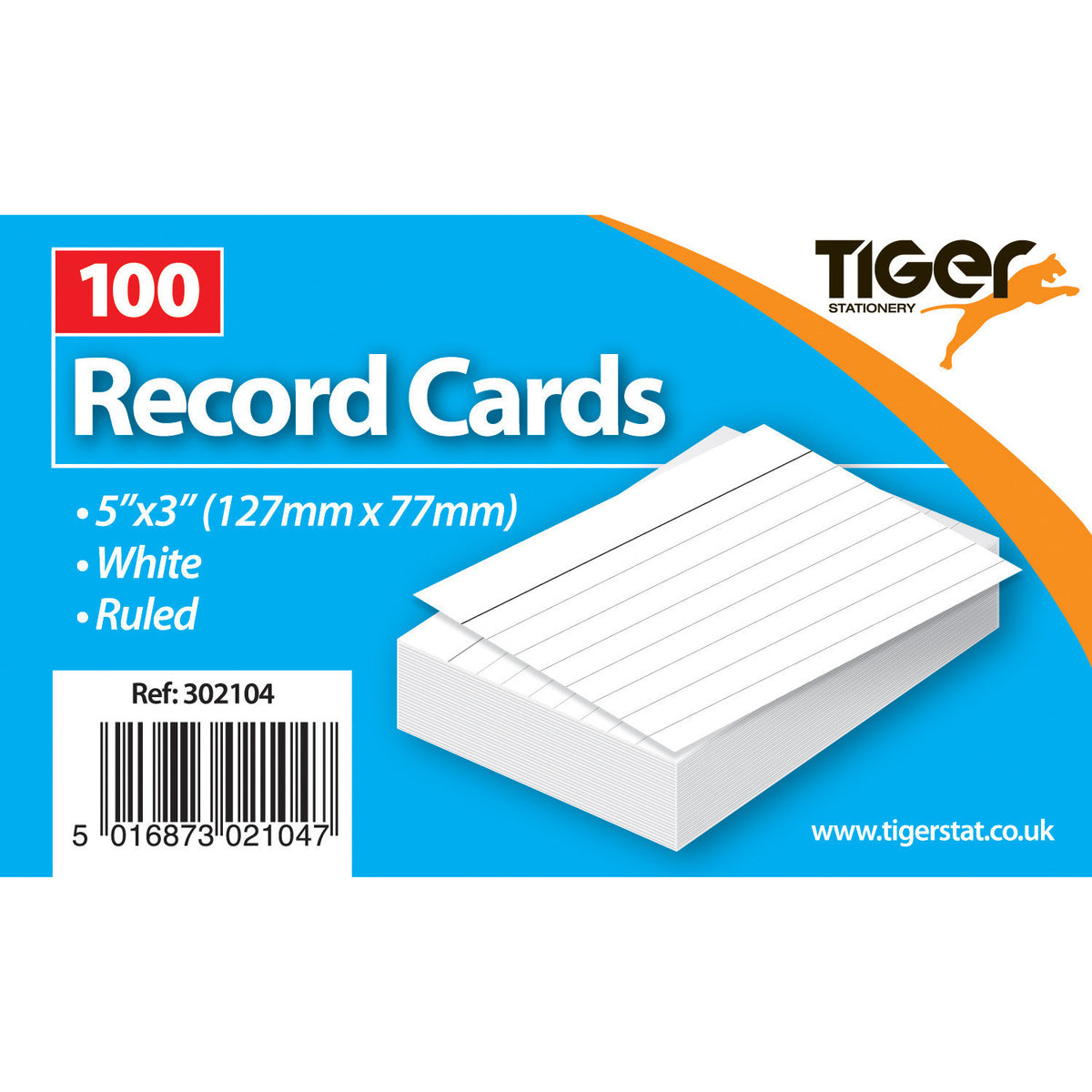 Tiger Record Cards 5 x 3 inch – White Ruled, 100 Cards
