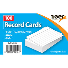 Tiger Record Cards 5 x 3 inch – White Ruled, 100 Cards