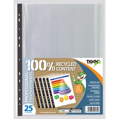 Tiger A4 Professional Punched Pockets – Pack of 25, Glass Clear