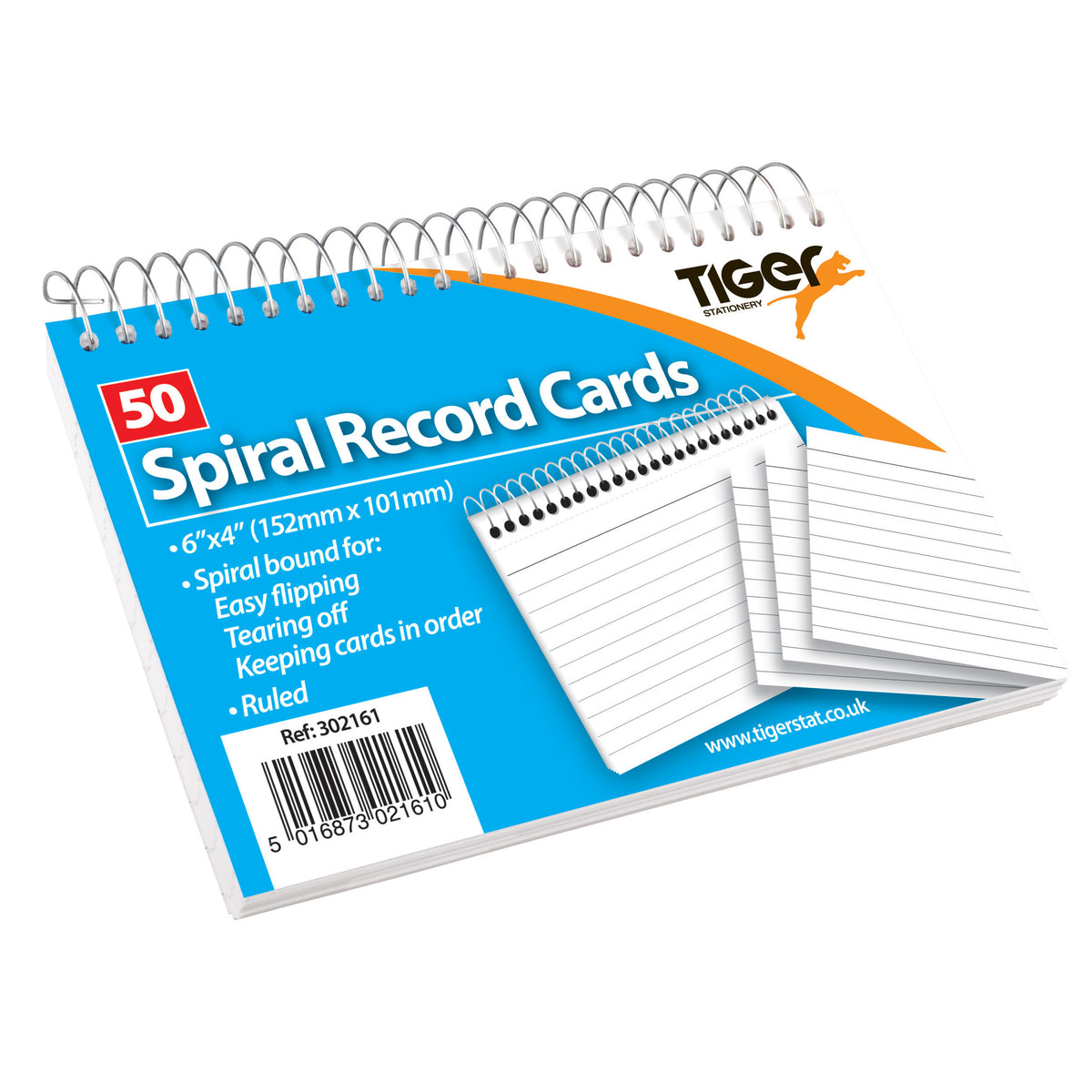 Tiger Spiral Record Cards 6 x 4 inch – White Ruled, 50 Cards