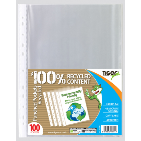 Tiger A4 Recycled Punched Pockets – Pack of 100