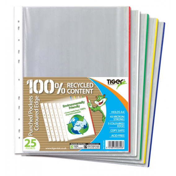 Tiger A4 Recycled Colour Edge Punched Pockets – Pack of 25