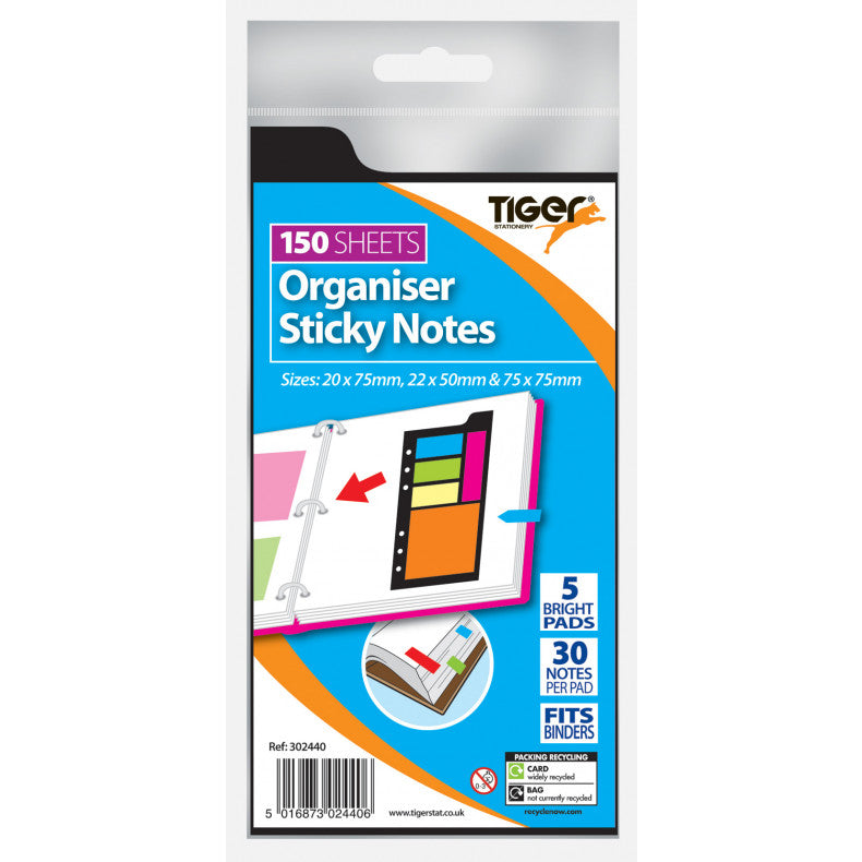 Tiger Organiser Sticky Notes on Card – Assorted Sizes, 5 Bright Pads