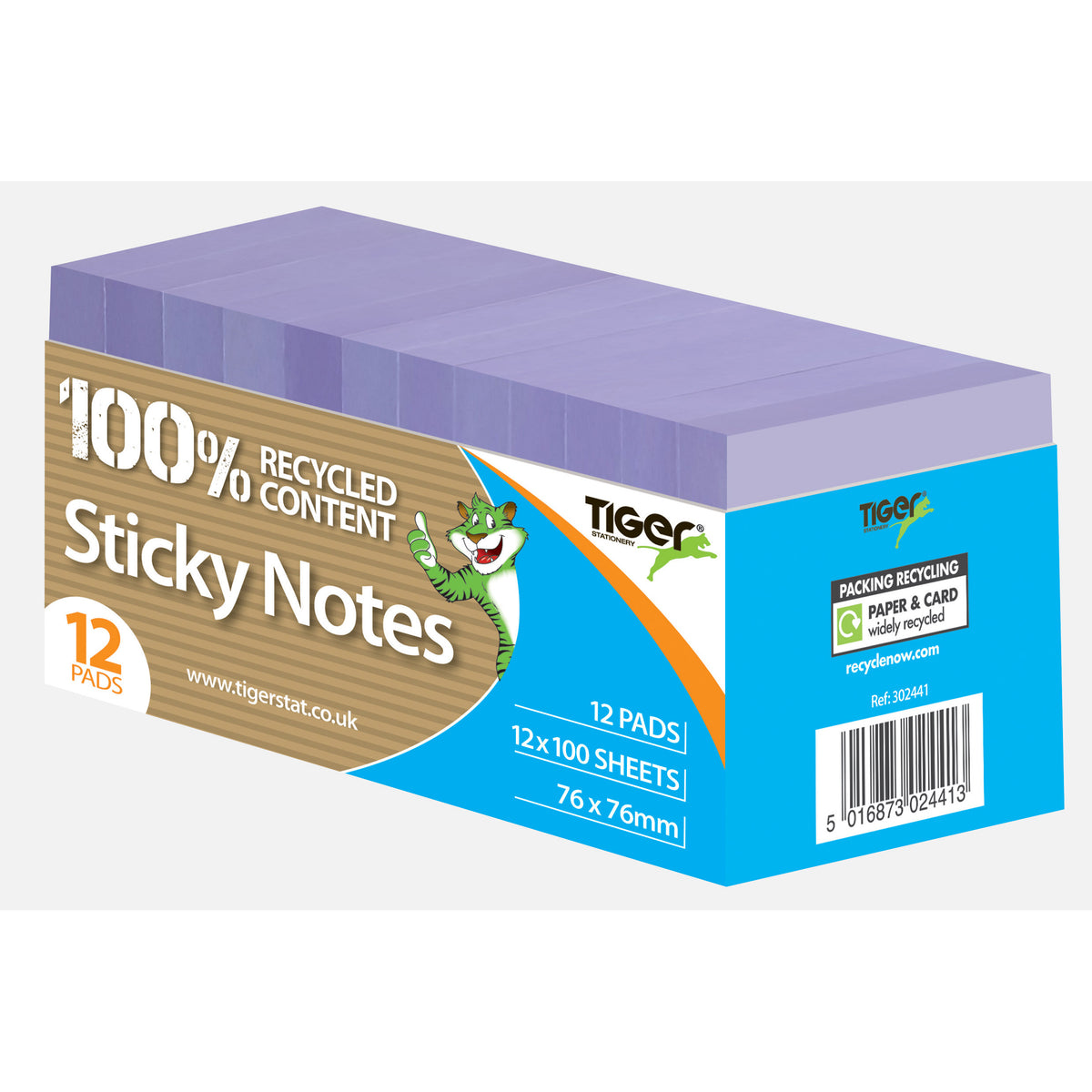 Tiger Recycled Sticky Notes – Pastel Assorted Colours, 12 Pads