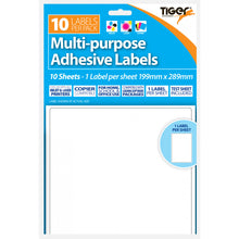 Tiger Printer Labels 199 x 289mm – 1 Per Sheet, 10 Sheets