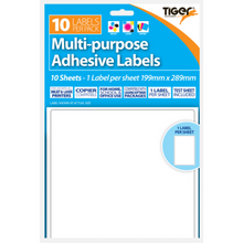 Tiger Printer Labels 199 x 289mm – 1 Per Sheet, 10 Sheets