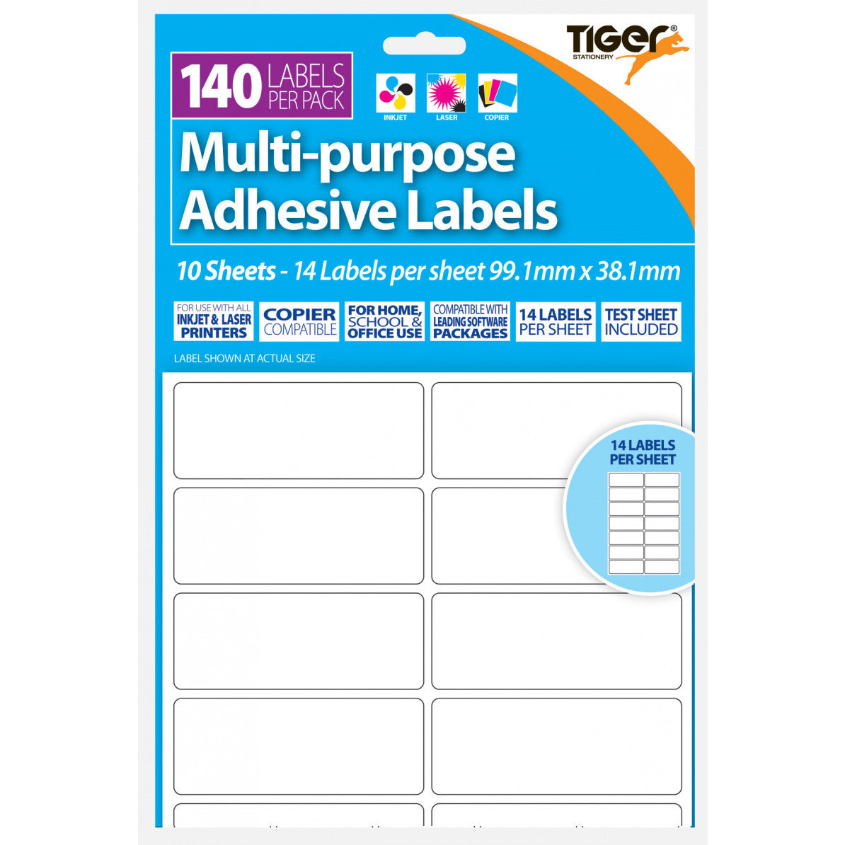 Tiger Printer Labels 99.1 x 38.1mm – 14 Per Sheet, 10 Sheets