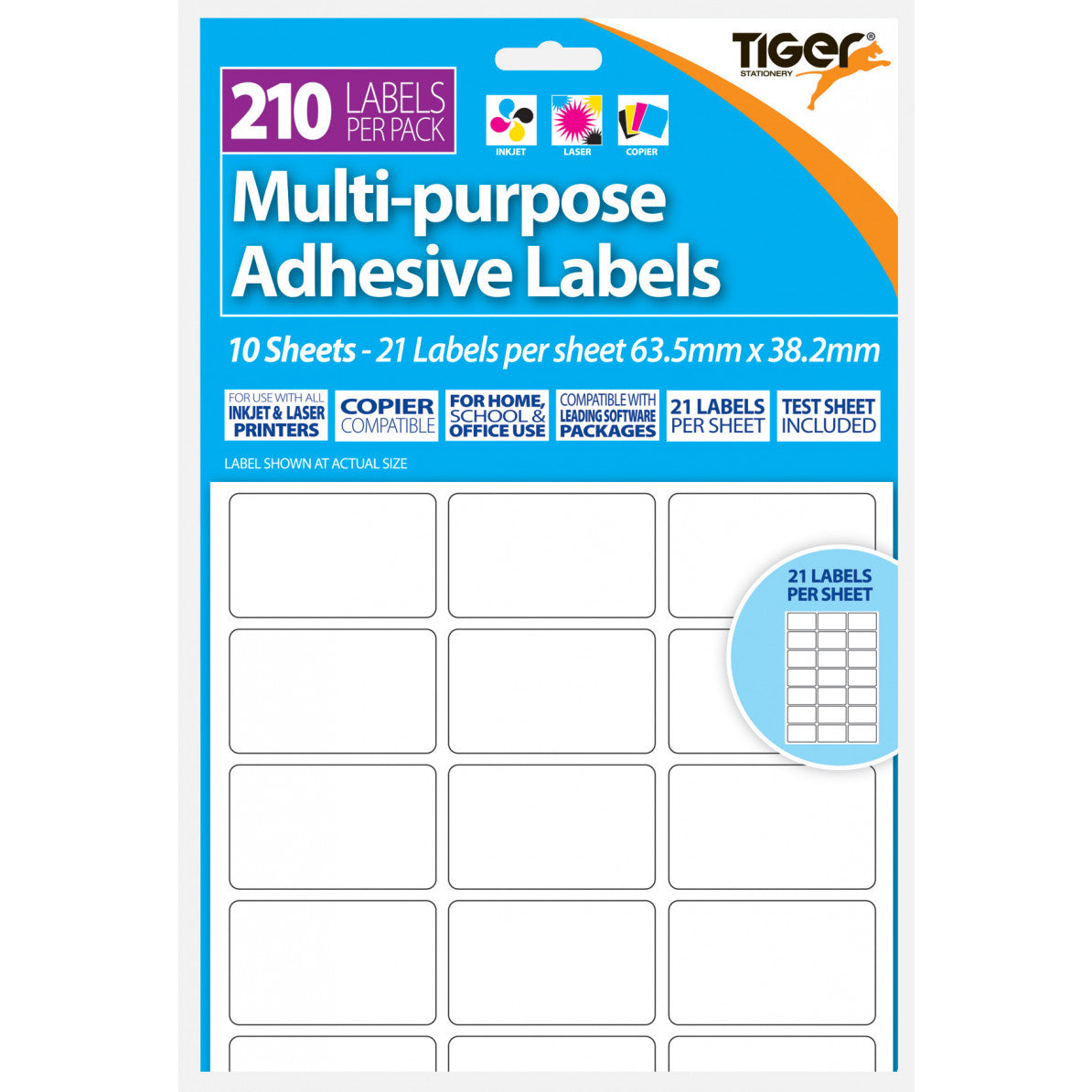 Tiger Printer Labels 63.5 x 38.2mm – 21 Per Sheet, 10 Sheets