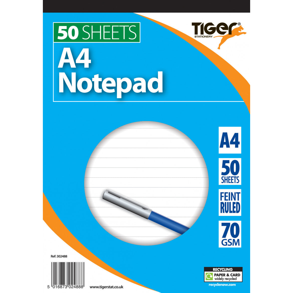Tiger A4 Top-Bound Notepad – 8mm Feint Ruled, 50 Sheets