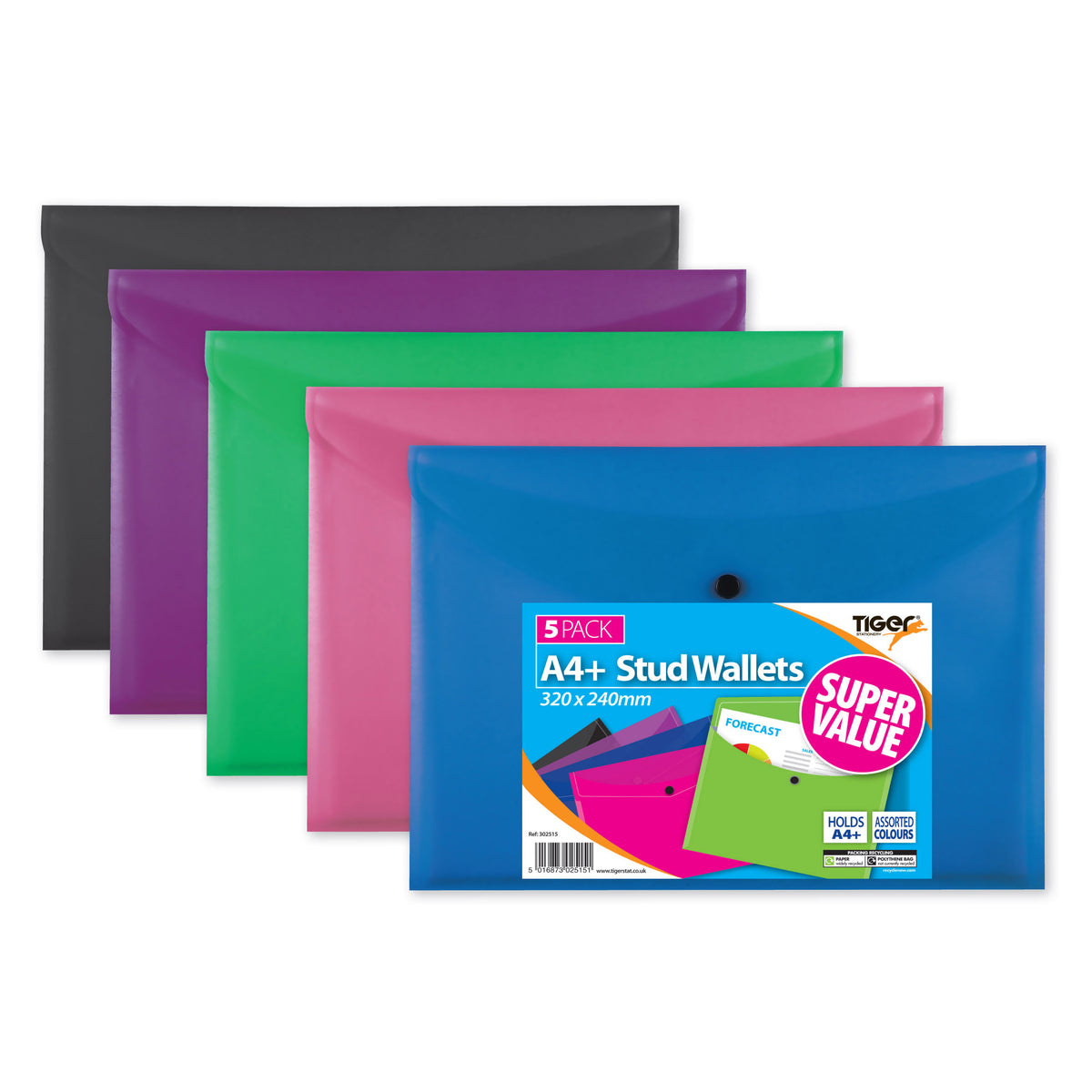 Tiger A4+ Stud Wallets – Value Pack of 5 Assorted Colours