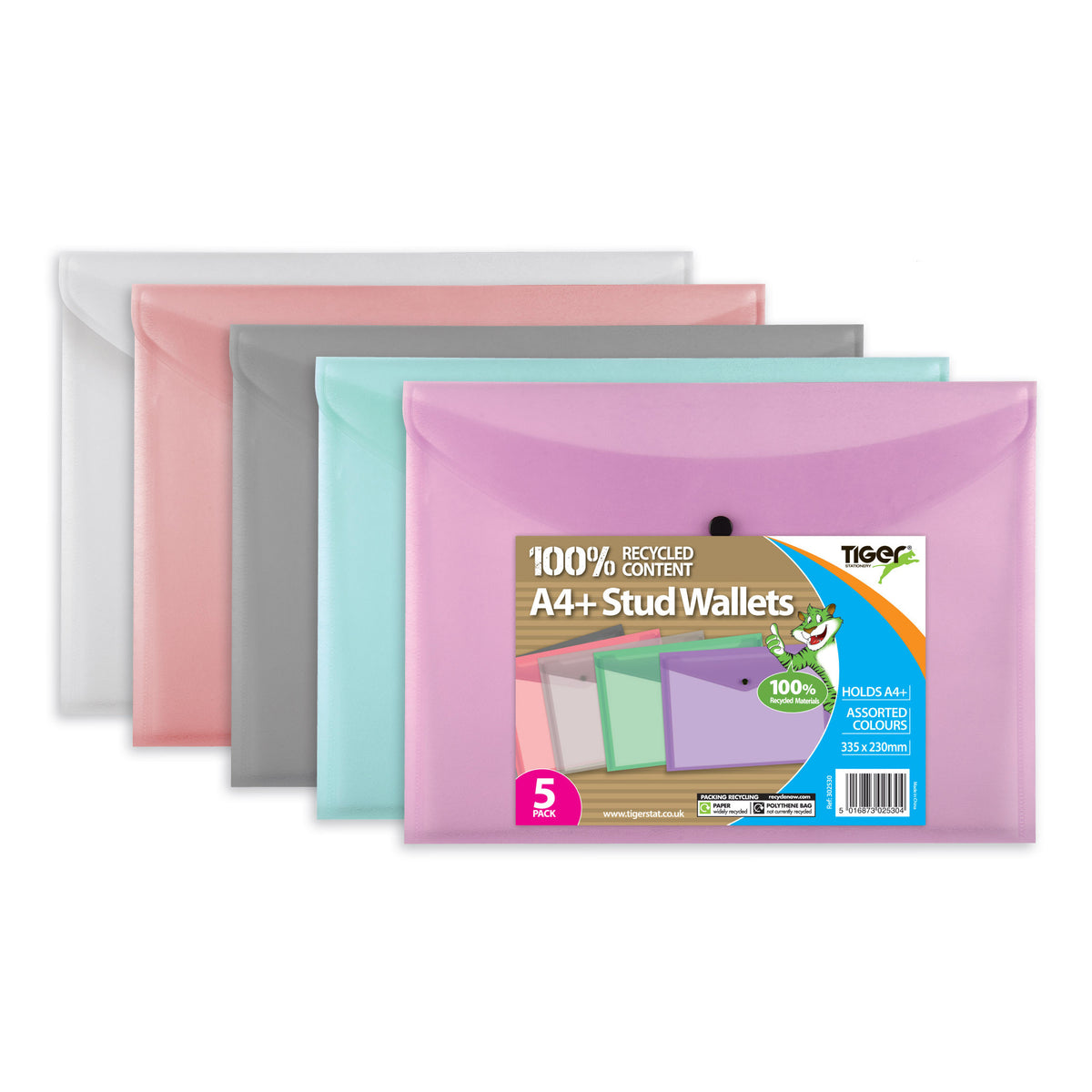 Tiger A4+ 100% Recycled Stud Wallets – Pack of 5 Assorted Colours