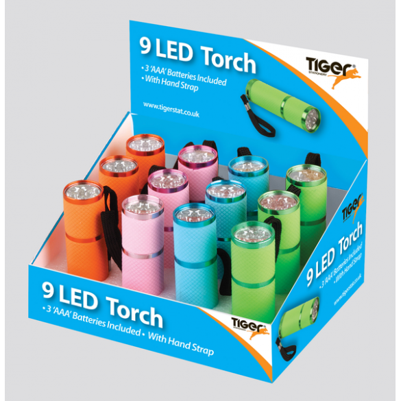 Tiger 9 LED Torch with Hand Strap – Assorted Colours