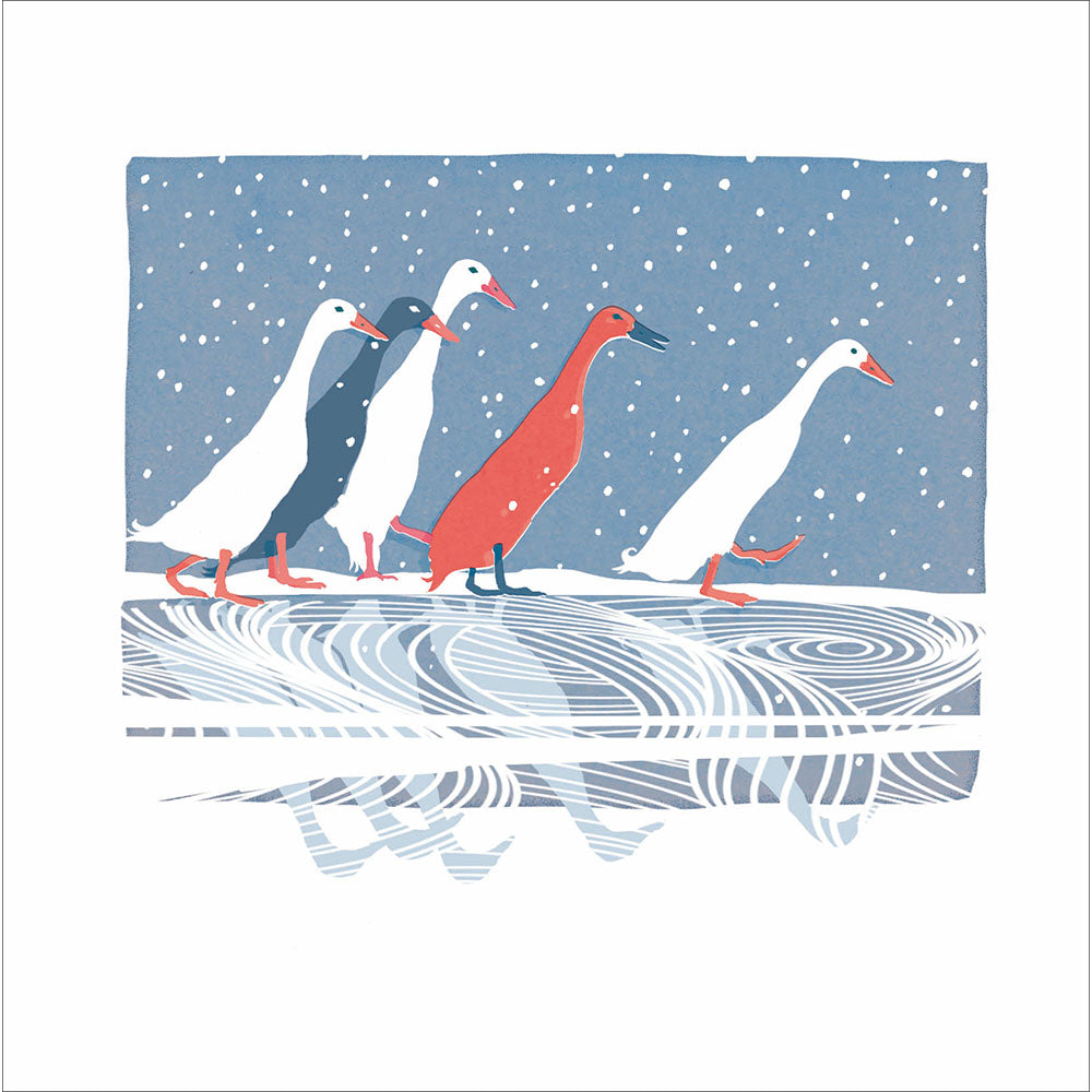 Winter Waddle Runner Ducks Linocut Christmas Card