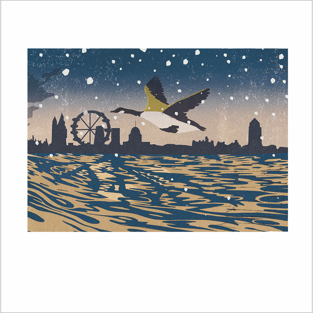 Winter Journey Goose over London Linocut Christmas Card