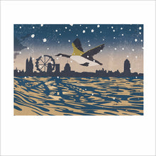 Winter Journey Goose over London Linocut Christmas Card