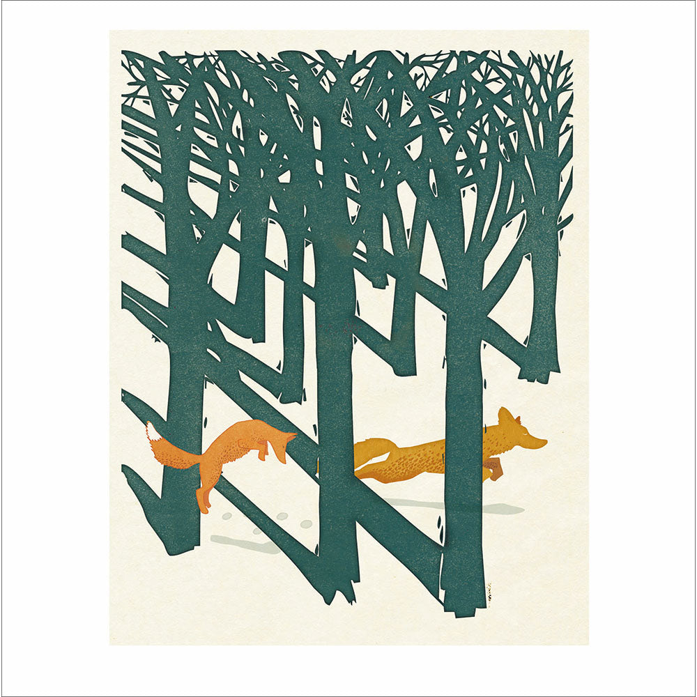 Foxes in the Snow Linocut Christmas Card