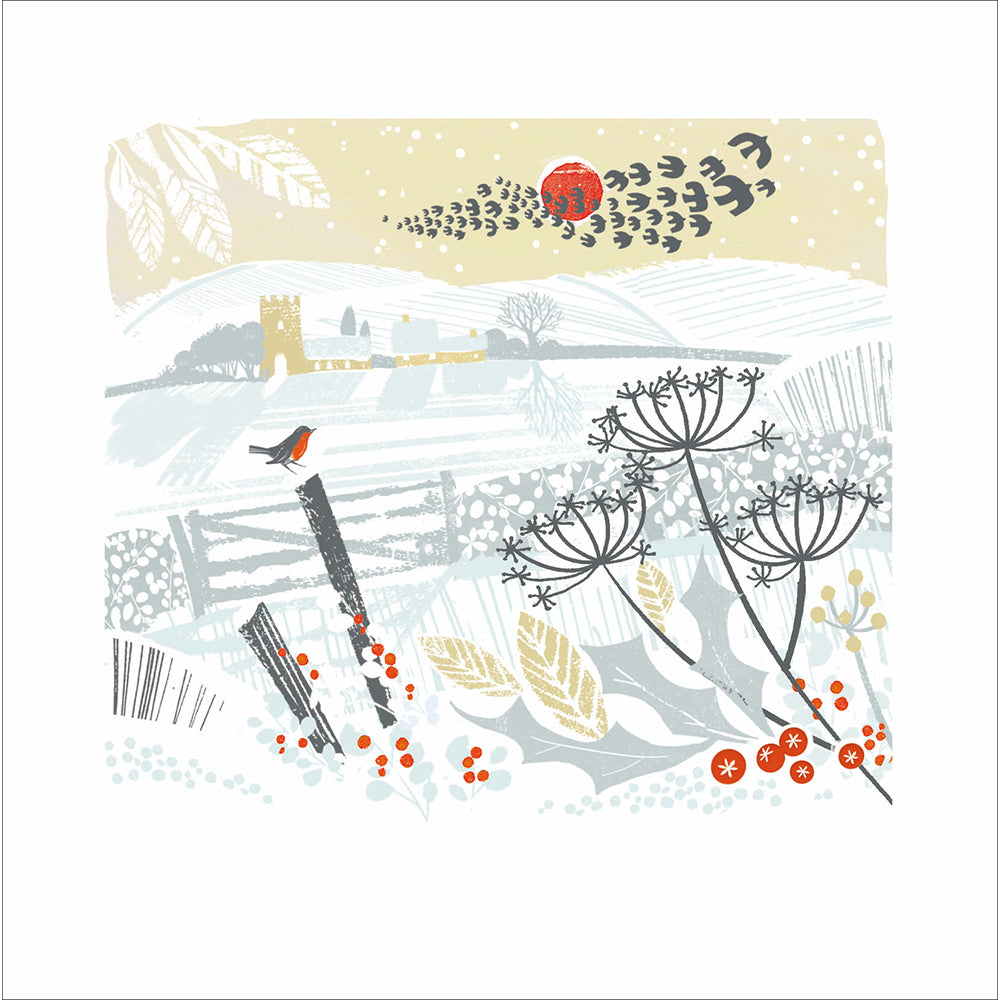Winter Fields Robin Linocut Christmas Card