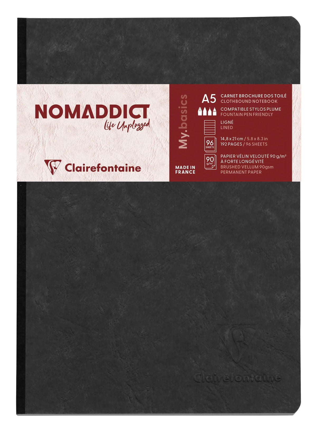 Clairefontaine Nomaddict Clothbound Notebook - A5 Lined - 192 Pages - Black