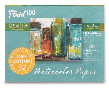 Fluid 100 Watercolour Block 140lb, Hot Pressed 6 x 8in (15.2 x 20.3cm)