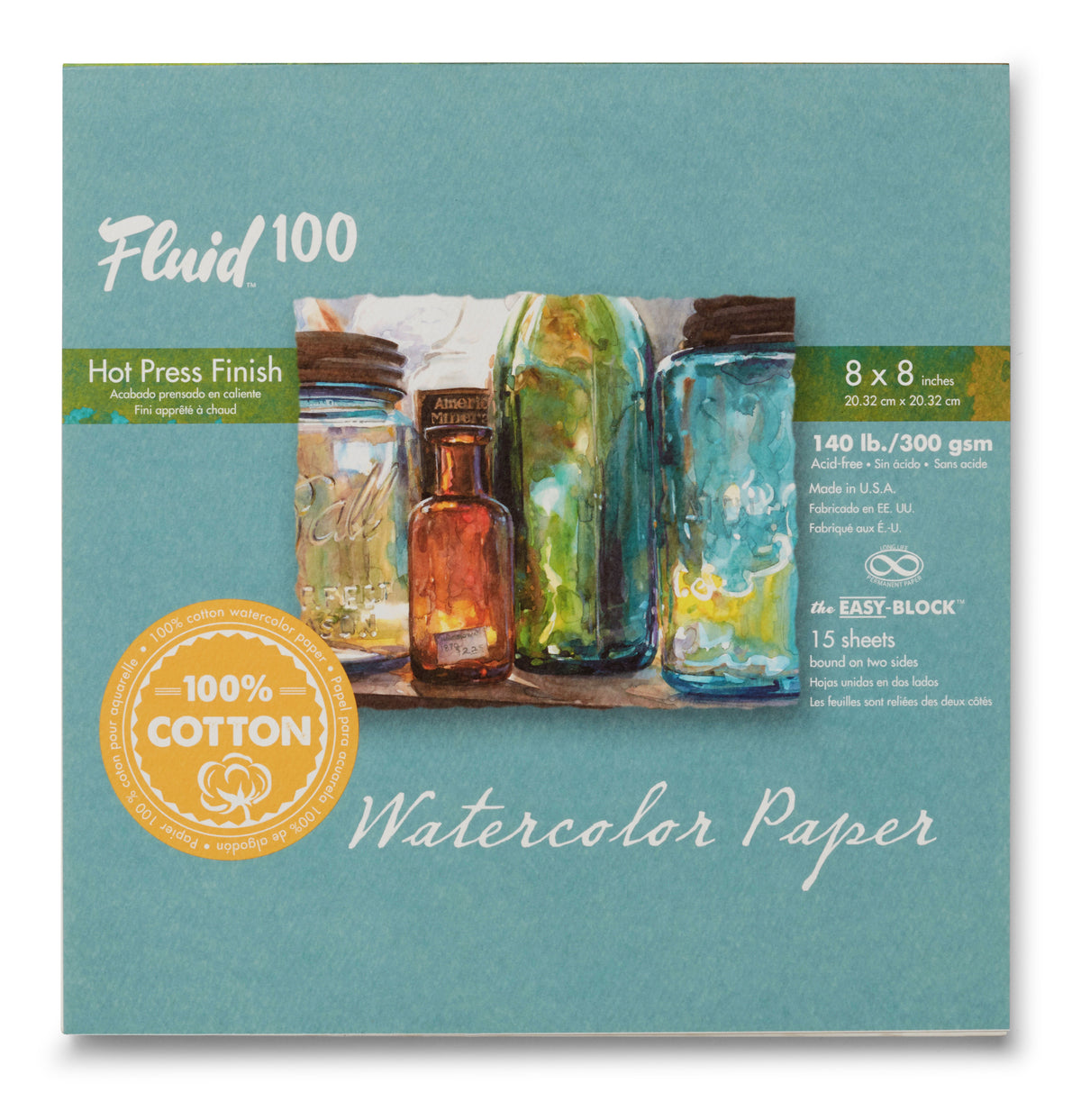 Fluid 100 Watercolour Block 140lb, Hot Pressed 8 x 8in (20.3 x 20.3cm)
