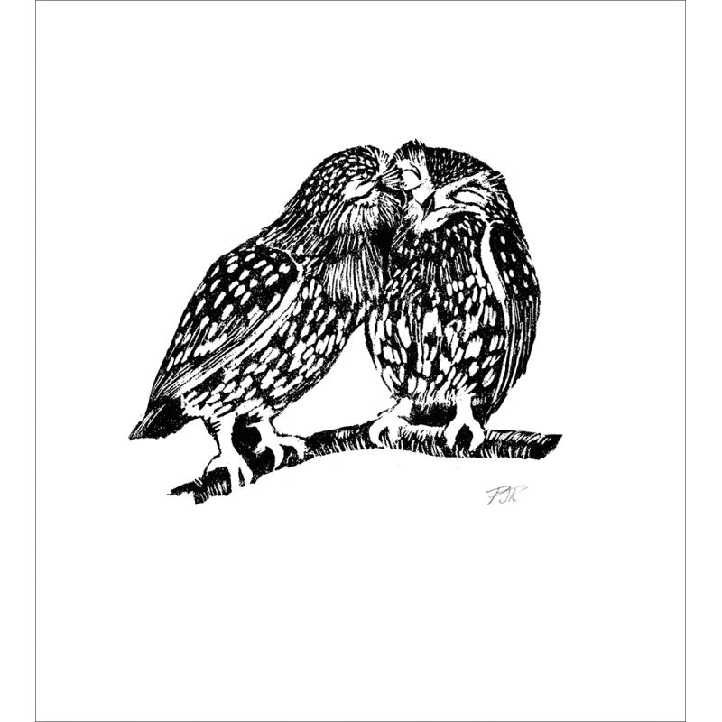 A Little Bird Told Me Owls Lino Print Blank Greetings Card