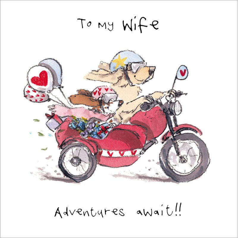 Our Adventure Dogs on a Motorbike Wife Birthday Card
