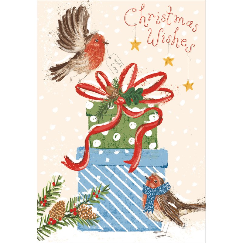 Wrapped in Love Robins and Presents Christmas Card