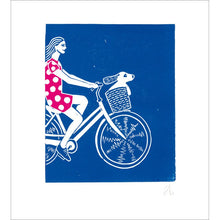 Off We Go Cyclist and Dog Lino Print Blank Greetings Card