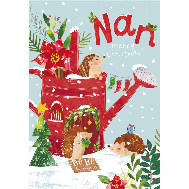 Hedgehog House Watering Can Christmas Card for Nan