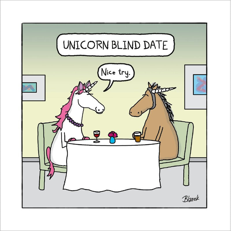 Unicorn Blind Date Funny Cartoon Blank Greetings Card