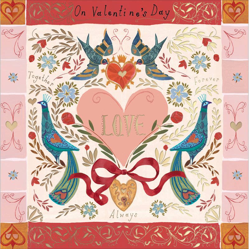 Symbolic Love Folk Art Peacocks Valentine's Card