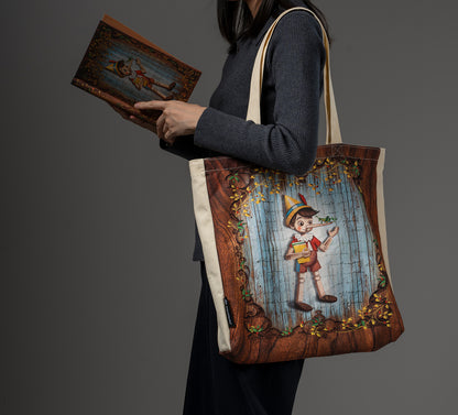 Paperblanks Carlo Collodi, Pinocchio Cotton Tote Bag – lifestyle image