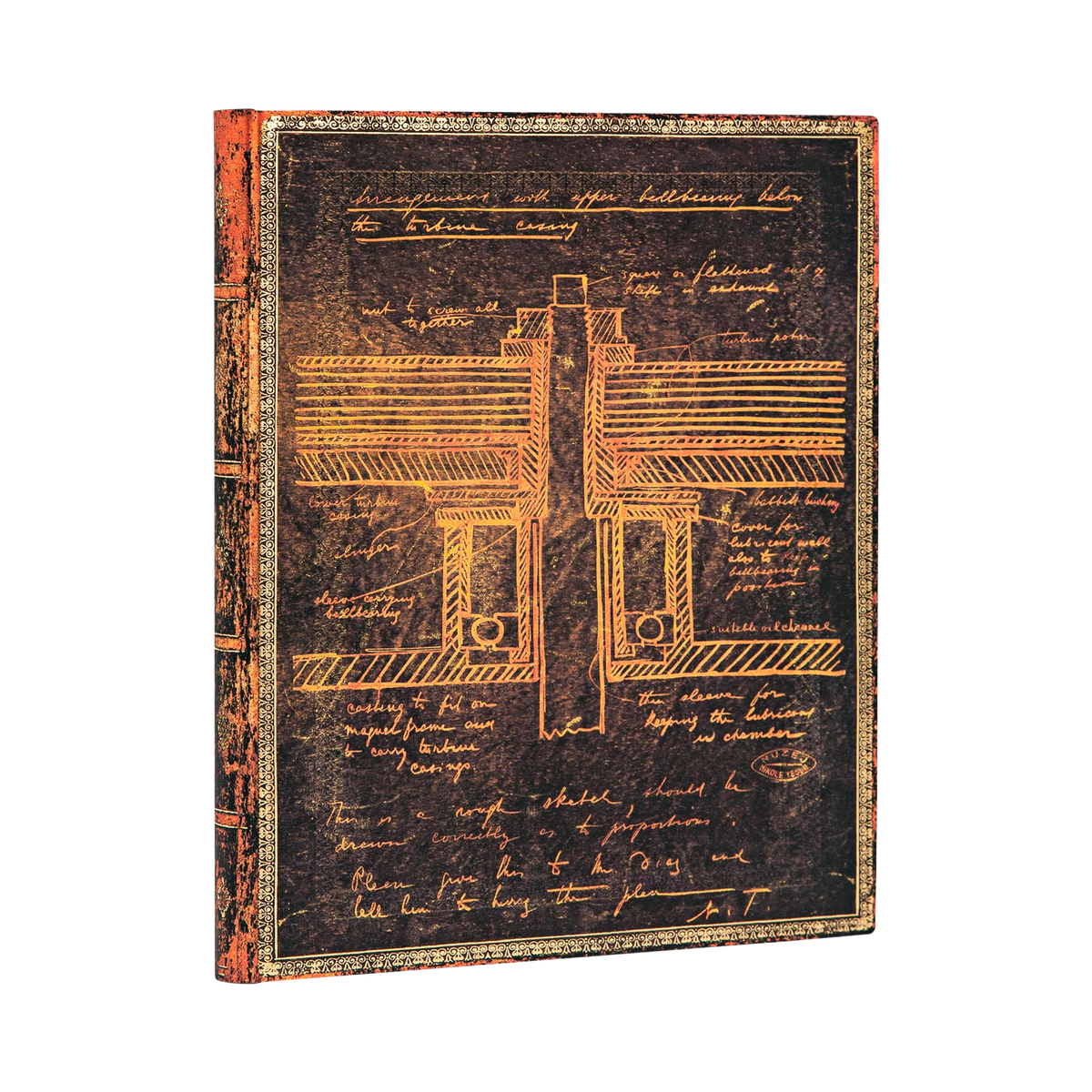 Paperblanks Tesla, Sketch of a Turbine Ultra Softback Flexi Journal – Plain, 176 Pages – angled view