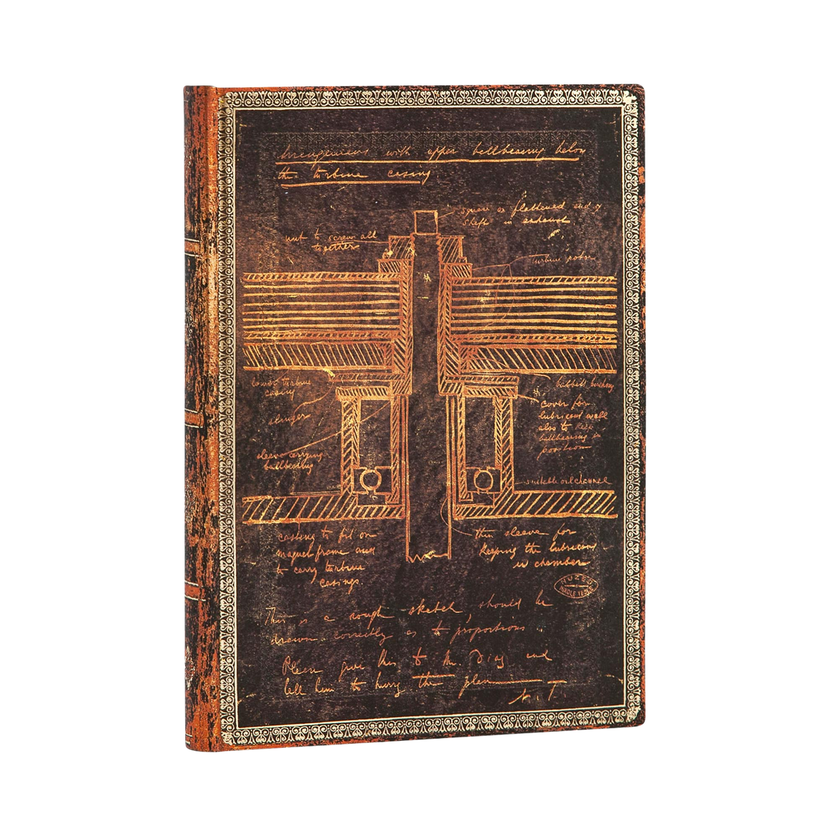 Paperblanks Tesla, Sketch of a Turbine Midi Softback Flexi Journal – Lined, 176 Pages – angled view